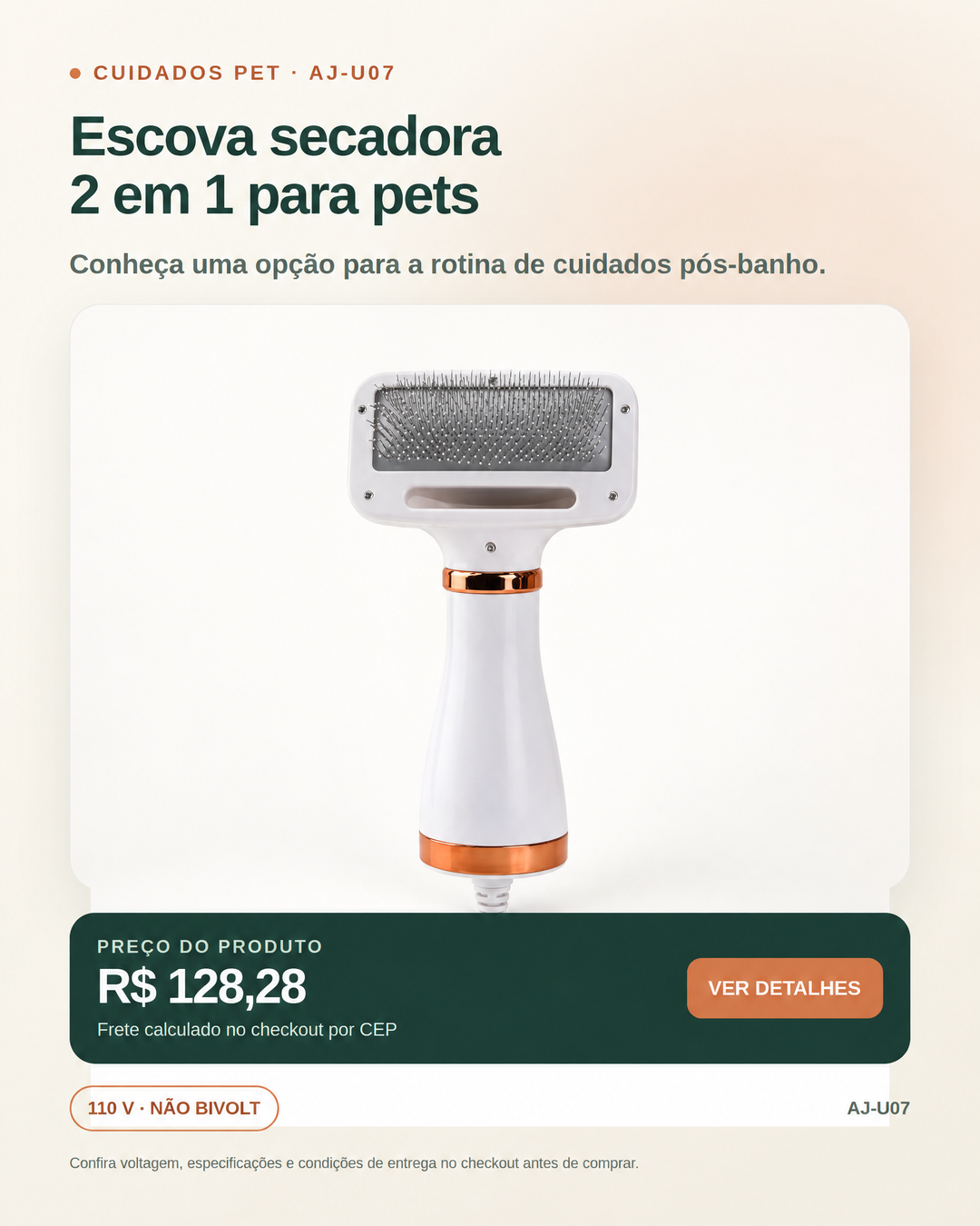Escova secadora AJ-U07 branca, com detalhes em cobre e cerdas com pontas protegidas